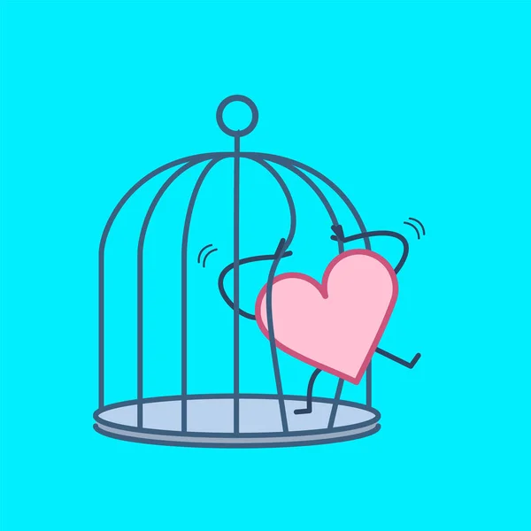 Herz Versucht Offene Gitter Öffnen Aus Dem Käfig Auf Blauem — Stockvektor