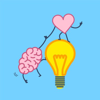 Beyin ve kalp işbirliği, mavi arka plan üstünde kutsal kişilerin resmi