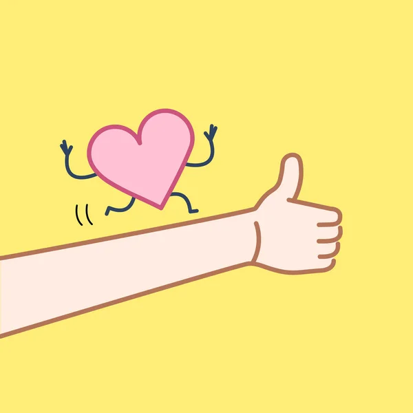 Herz Laufende Hand Mit Daumen Nach Oben Symbol Auf Gelbem — Stockvektor