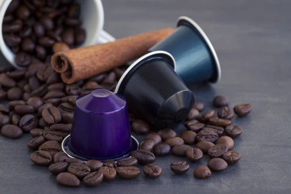 Italian Espresso Coffee Capsules Coffee Pods Dark Stone Marble Background — Stock Photo, Image