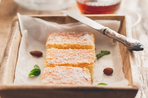 Three Slices Homemade Semolina Cake Wood Vintage Rustic Table Background — Stock Photo, Image