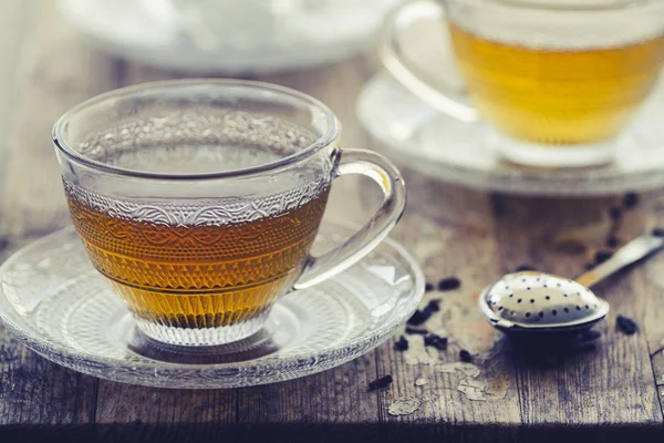 Csésze Zöld Tea Vintage Rusztikus Elmosódottak Vagy Bokeh Háttér — Stock Fotó