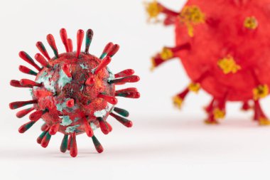 İki renkli 3D Virüs sanat modelinin fotoğrafı. 2020 'deki Covid-19 tecridinden esinlenilmiştir