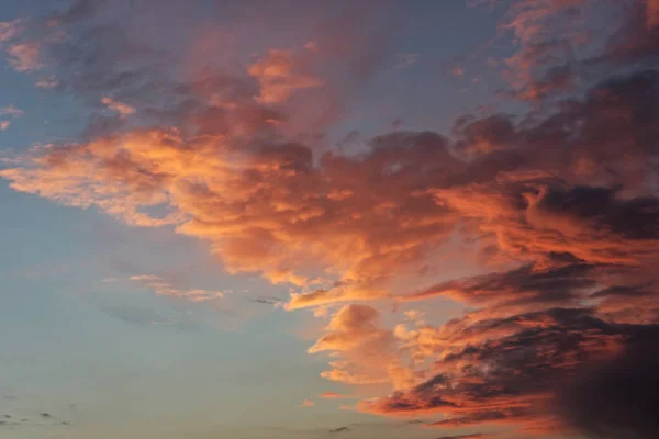 Vacker blå himmel med moln av olika former och färger. — Stockfoto