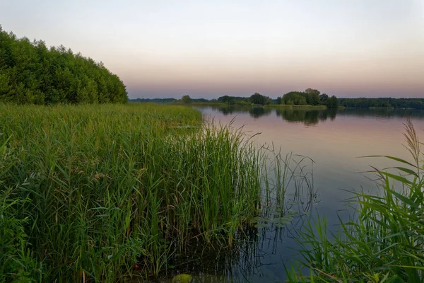 A tarde caiu no lago de aldeia do interior russo . — Fotografia de Stock