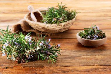 Wodden bir masada biberiye filizleri ile homeopatik hazırlık