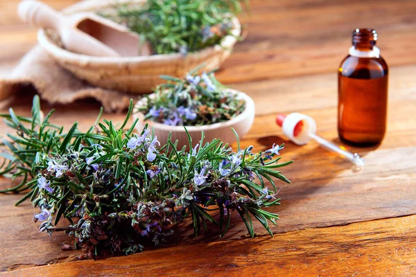 Freshly Picked Rosemary Wooden Table Essential Oil — Stock Photo, Image
