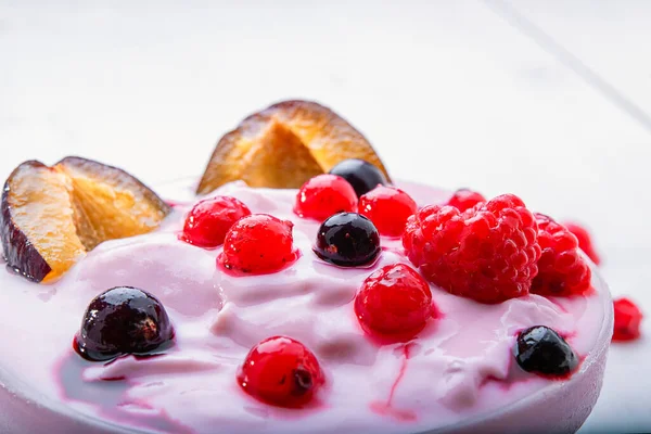 Close Yogurt Fruit Plum Berries White Table Energy Breakfast Morning — Stock Photo, Image