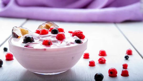 Yogurt Fruit Plum Berries White Table Energy Breakfast Morning — Stock Photo, Image
