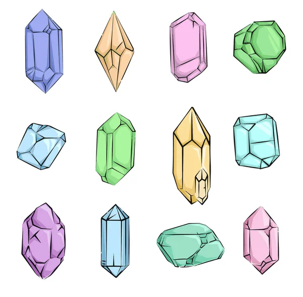 Mineraller, kristal, mücevher ve elmas basit izole Set