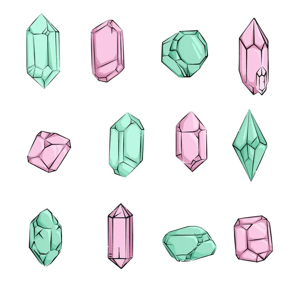 Mineraler Kristaller Ädelstenar Och Diamanter Enkla Isolerade Set — Stock vektor