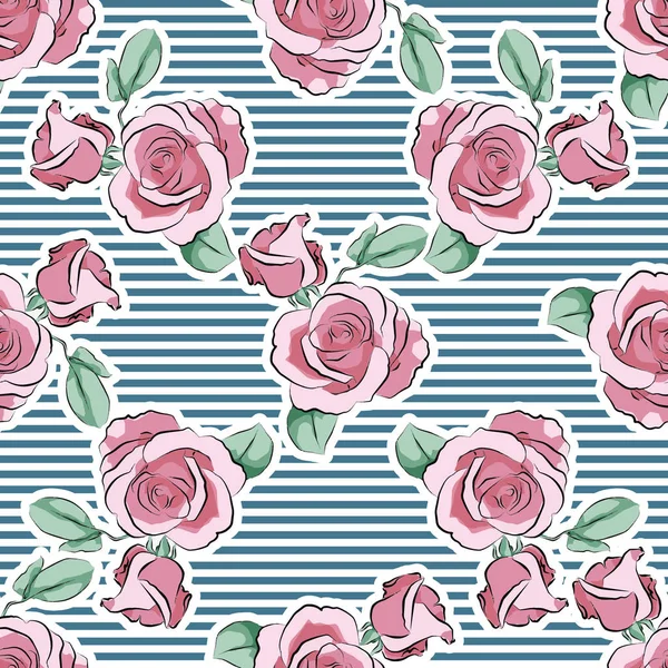 Rosa rosa flor mão desenhada vetor tiras padrão — Vetor de Stock