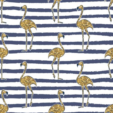 Flamingo glitter kuş monstera yaprak seamless modeli ile