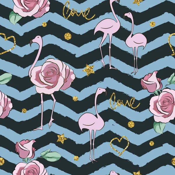 Flamingo glitter fågel med monstera blad sömlösa mönster — Stock vektor