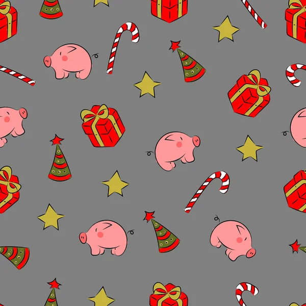 Kerst patch logo, geschenk, varken, cookies naadloze patroon — Stockvector