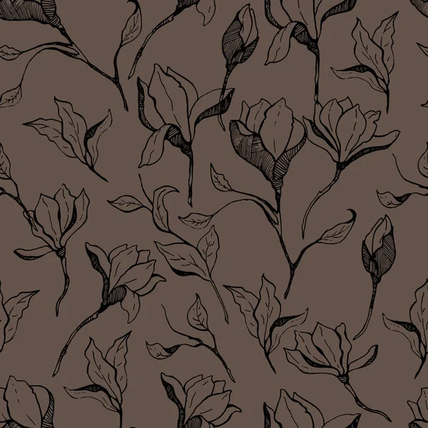 Magnolienblütenskizze mit Tusche von Hand gezeichnet nahtloses Muster — Stockvektor