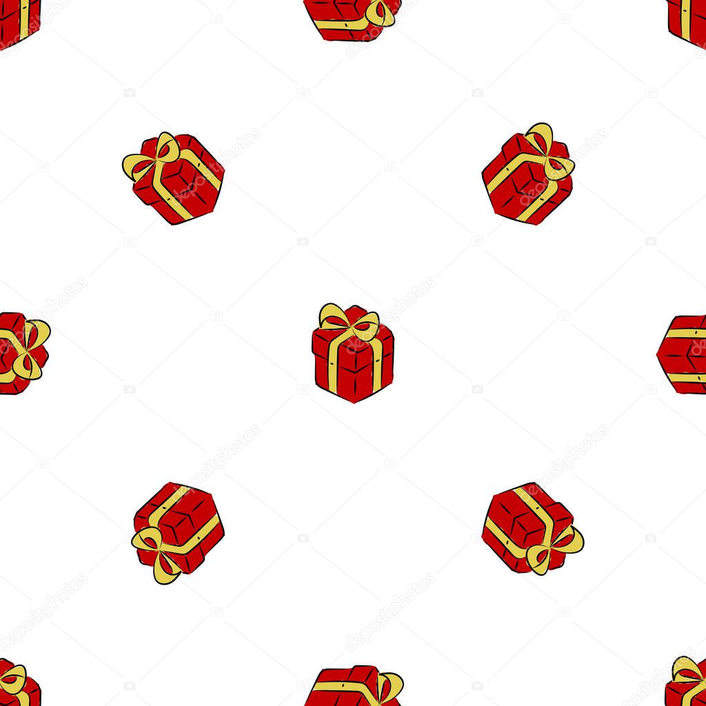 Christmass stuff patch. Mistletoe, candy, gift and cookies. Vector hand drawn seamless pattern