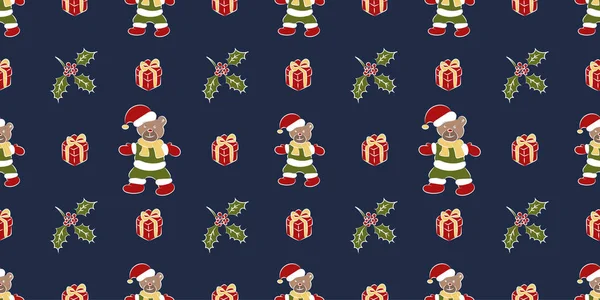 크리스마스 곰 모자, 선물 꽃 원활한 패턴 — 스톡 벡터