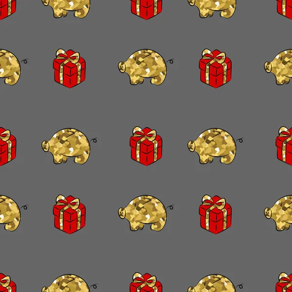De doos van de gift van Kerstmis en varken, inwikkeling van papieren naadloze patroon — Stockvector