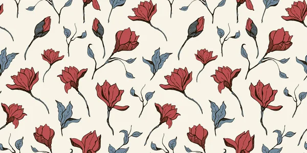 Magnolienblume Textilskizze mit Tusche Hand gezeichnet nahtlose Muster — Stockvektor