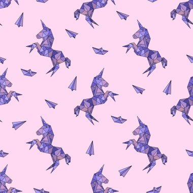 Tek boynuzlu at origami düşük poligon tarzı. Seamless modeli