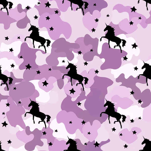 Silueta negra Unicornio. camuflaje rosa. Patrón sin costura — Vector de stock