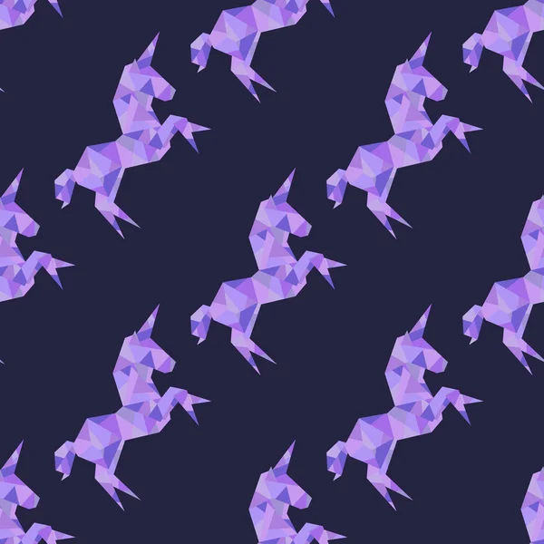 Unicornio en estilo origami patrón poligonal sin costuras — Vector de stock