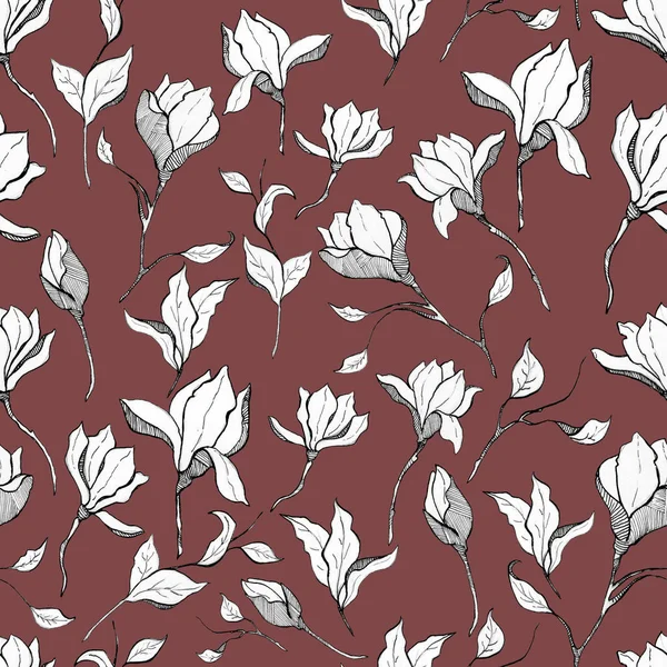 Magnolienblütenskizze mit Tusche von Hand gezeichnet nahtloses Muster — Stockfoto