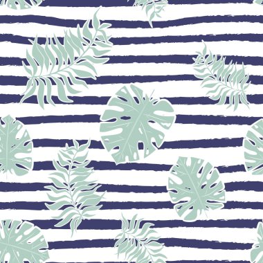 Monstera leaf seamless pattern on blue strips