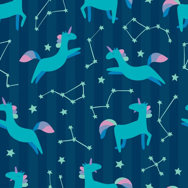 Unicornio con estrellas en dibujos animados lindo patrón de estilo Skandinavian — Vector de stock