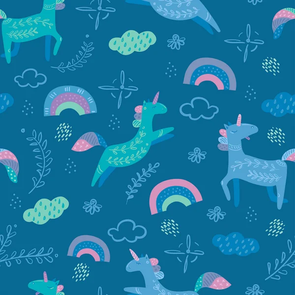 Unicornio en dibujos animados lindo patrón de estilo Skandinavian — Archivo Imágenes Vectoriales