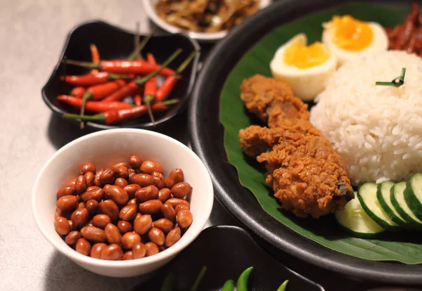 Nasi Lemak Dish Comprises Rice Made Fragrant Coconut Cream Pandan — Stock Photo, Image
