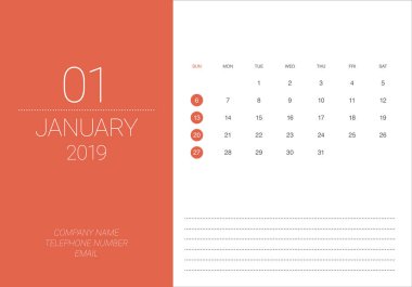 Ocak 2019 Resepsiyon takvim vektör çizim, basit ve temiz tasarım. 