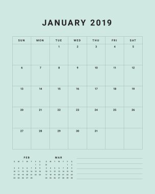 Ocak 2019 Resepsiyon takvim vektör çizim, basit ve temiz tasarım. 