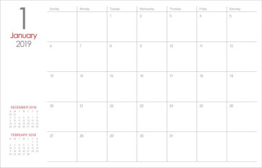 Ocak 2019 Resepsiyon takvim vektör çizim, basit ve temiz tasarım. 