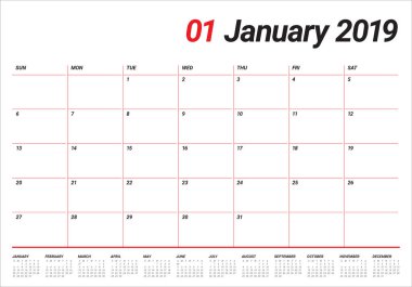 Ocak 2019 Resepsiyon takvim vektör çizim, basit ve temiz tasarım. 