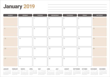 Ocak 2019 Resepsiyon takvim vektör çizim, basit ve temiz tasarım. 