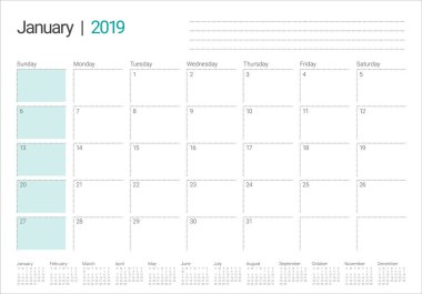 Ocak 2019 Resepsiyon takvim vektör çizim, basit ve temiz tasarım. 