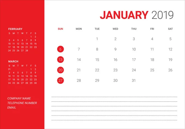 January 2019 Desk Calendar Vector Illustration Simple Clean Design — Stock Vector