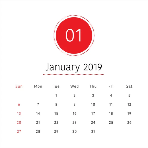 Ledna 2019 Stolní Kalendář Vektorové Ilustrace Jednoduchý Čistý Design — Stockový vektor