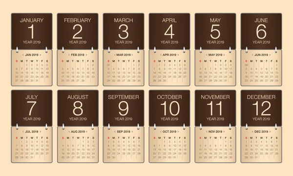 Year 2019 Calendar Vector Illustration Simple Clean Design — Stock Vector