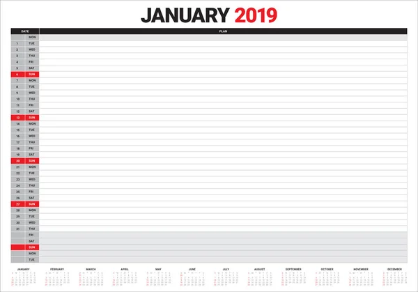 Ιανουαρίου 2019 Γραφείο Ημερολόγιο Διανυσματικά Εικονογράφηση Απλή Και Καθαρή Σχεδιασμός — Διανυσματικό Αρχείο