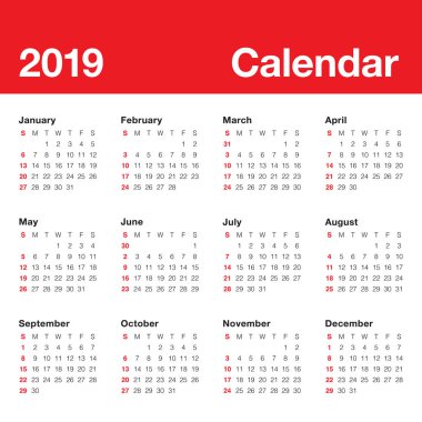 Yıl 2019 takvim vektör tasarım şablonu, basit ve temiz tasarım