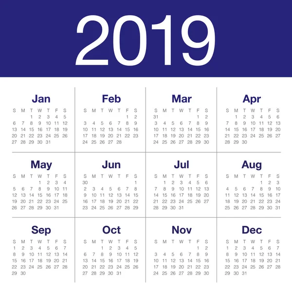 Year 2019 Calendar Vector Design Template Simple Clean Design — Stock Vector