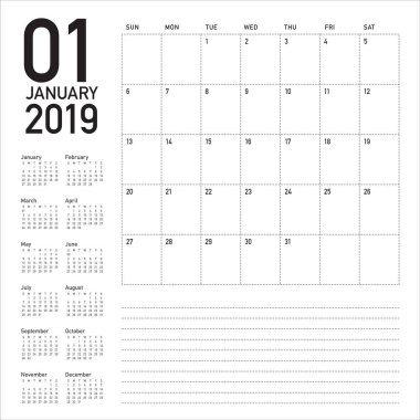 Ocak 2019 Resepsiyon takvim vektör çizim, basit ve temiz tasarım. 