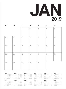 Ocak 2019 Resepsiyon takvim vektör çizim, basit ve temiz tasarım. 