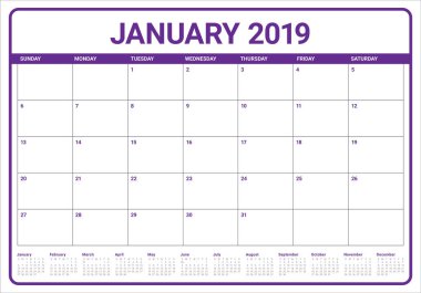 Ocak 2019 Resepsiyon takvim vektör çizim, basit ve temiz tasarım. 