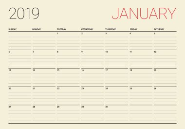 Ocak 2019 Resepsiyon takvim vektör çizim, basit ve temiz tasarım. 