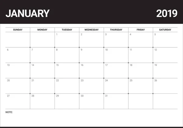 Січень 2019 Настільний Календар Векторні Ілюстрації Простий Чистий Дизайн — стоковий вектор