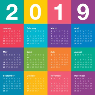 Yıl 2019 takvim vektör tasarım şablonu, basit ve temiz tasarım